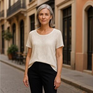 Peruvian Connection Ivory Floral Burnout Sheer Tee Linen-Look Boho Top — Size L